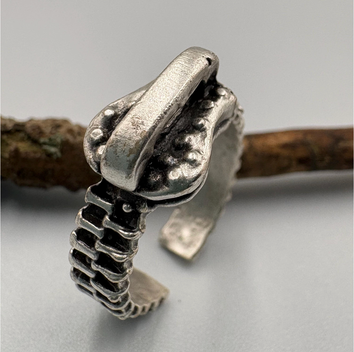 Antique Silver Zipper Ring • Industrial Steampunk Adjustable Band