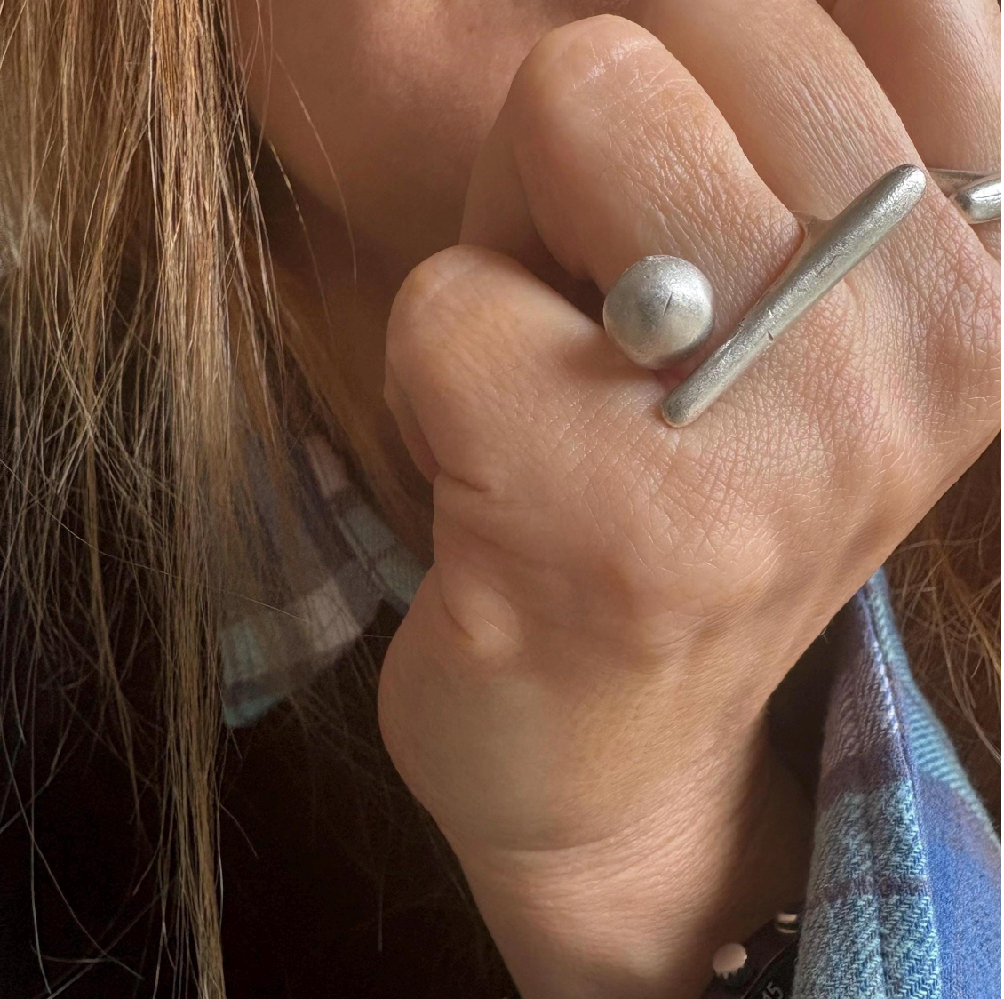 Handmade Brass Ring - Minimalist Geometric Bar and Sphere, Adjustable Size