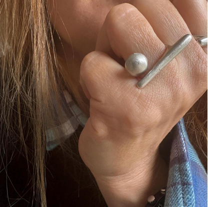 Handmade Brass Ring - Minimalist Geometric Bar and Sphere, Adjustable Size