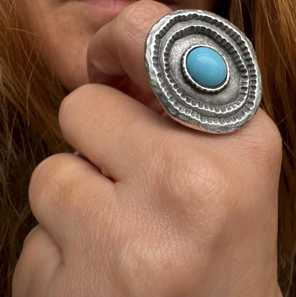 Turquoise Statement Ring, Silver Plated Brass, Adjustable Boho Jewelry