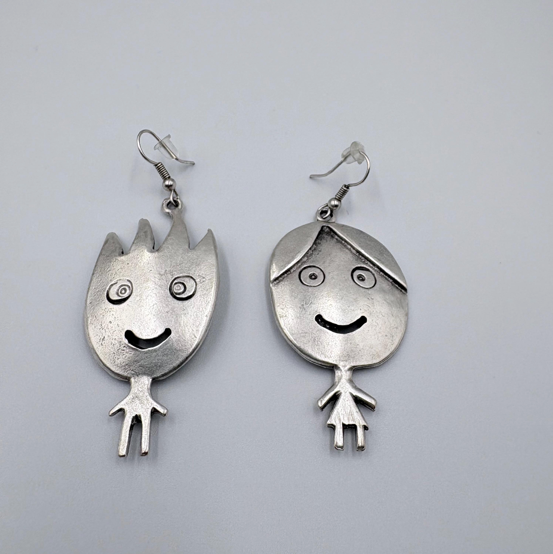 Vintage Silver Tone Smiling Boy and Girl Earrings | Whimsical Dangle Jewelry