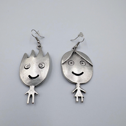 Vintage Silver Tone Smiling Boy and Girl Earrings | Whimsical Dangle Jewelry
