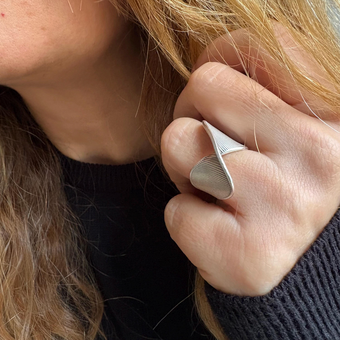 Silver Plated Brass Crossover Ring • Ribbed Geometric Adjustable Band
