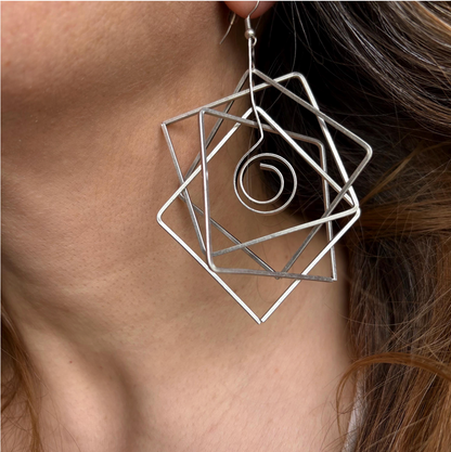 Brutalist Silver Plated Earrings, Geometric Dangle, Architectural Jewelry