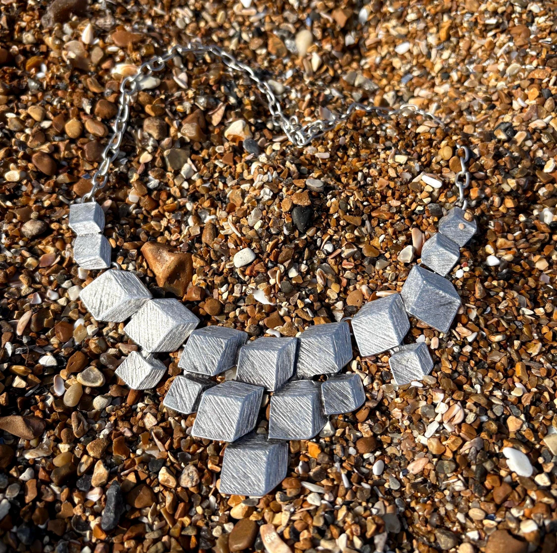 Artisan Chunky Geometric Matte Silver Bib Necklace with Sculptural Textured Design
