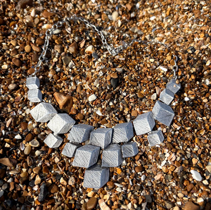 Artisan Chunky Geometric Matte Silver Bib Necklace with Sculptural Textured Design