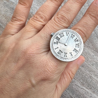 Roman Numeral Clock Face Ring | Adjustable Brass Ring | Vintage Boho Minimalist Jewelry for Women