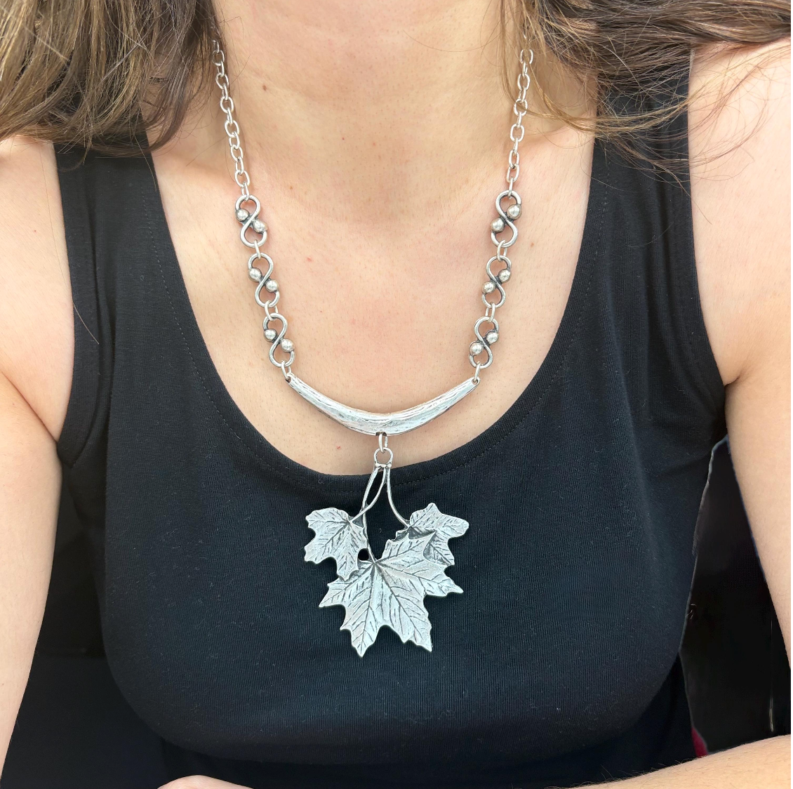 Silver Maple Leaf Necklace, Rustic Boho Pendant, Woodland Jewelry