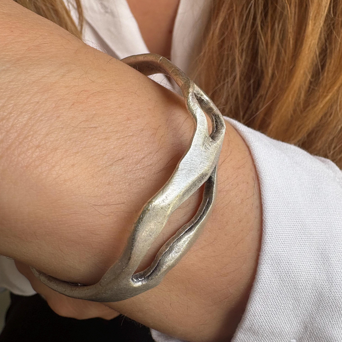 Silver Plated Wave Cuff Bracelet – Sculptural Boho Bangle - Unique Hand-Finished Design