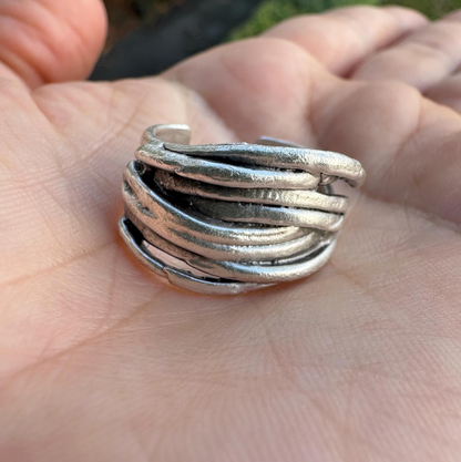 Rustic Silver Finish Brass Wrap Ring – Adjustable Organic Band