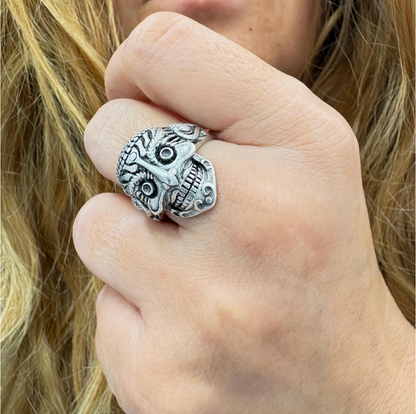 Gothic Mask Ring • Silver Plated Brass, Adjustable Boho Punk Band