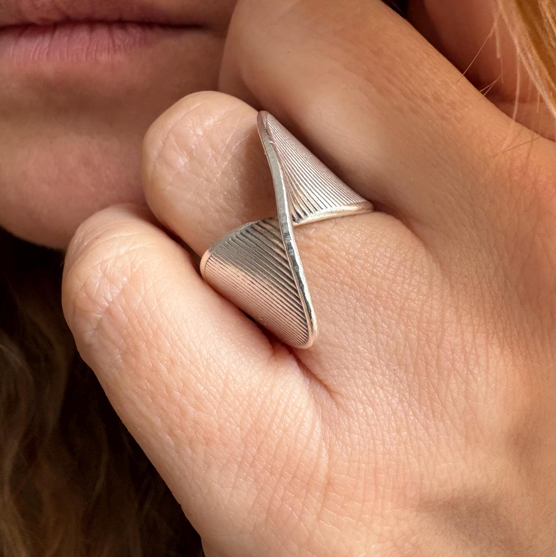 Silver Plated Brass Crossover Ring • Ribbed Geometric Adjustable Band