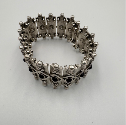 Bohemian Garnet Panel Bracelet, Silver Plated Brutalist Cuff, Gift For Her
