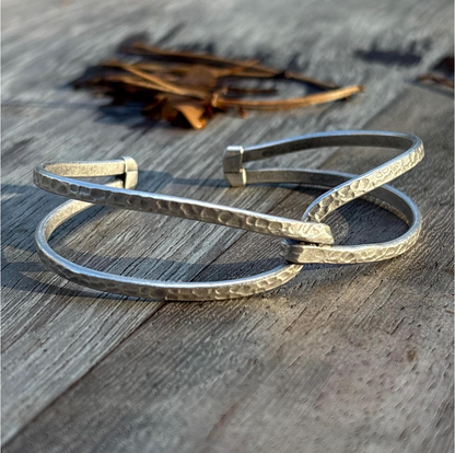 Adjustable Cuff Bangle: Antique Silver Finish, Floral Engraving, Brass