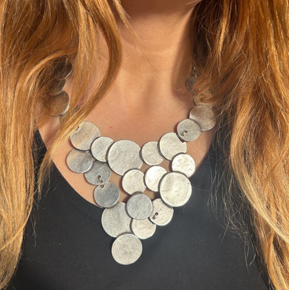 Brutalist Silver Plated Disc Necklace, Hammered Medallion Collar, Boho Bib Jewelry, Gift for Her