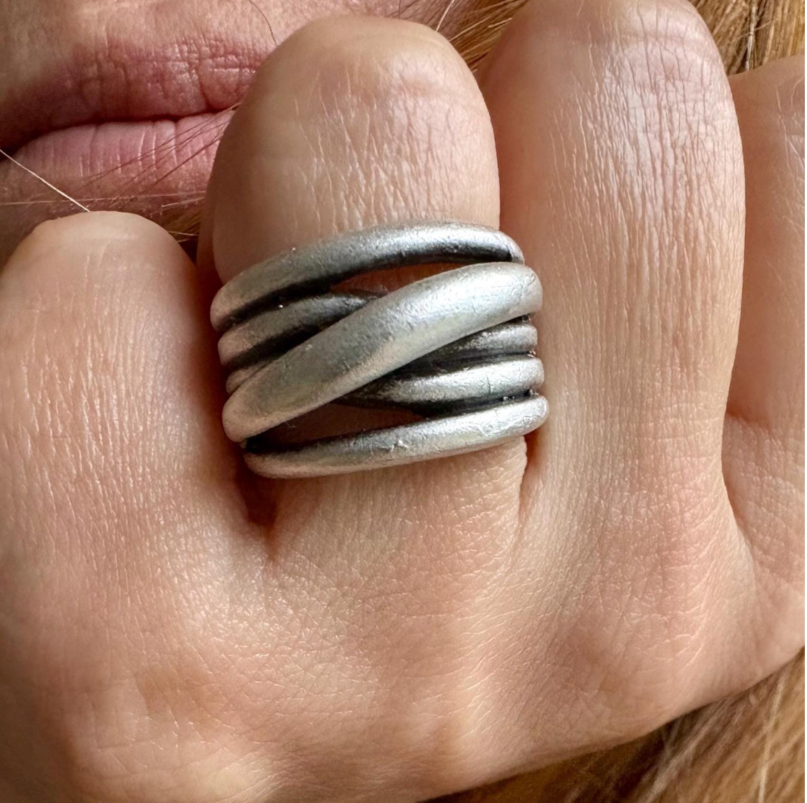 Hammered Silver Brutalist Ring, Adjustable Multi-Strand Wrap Band