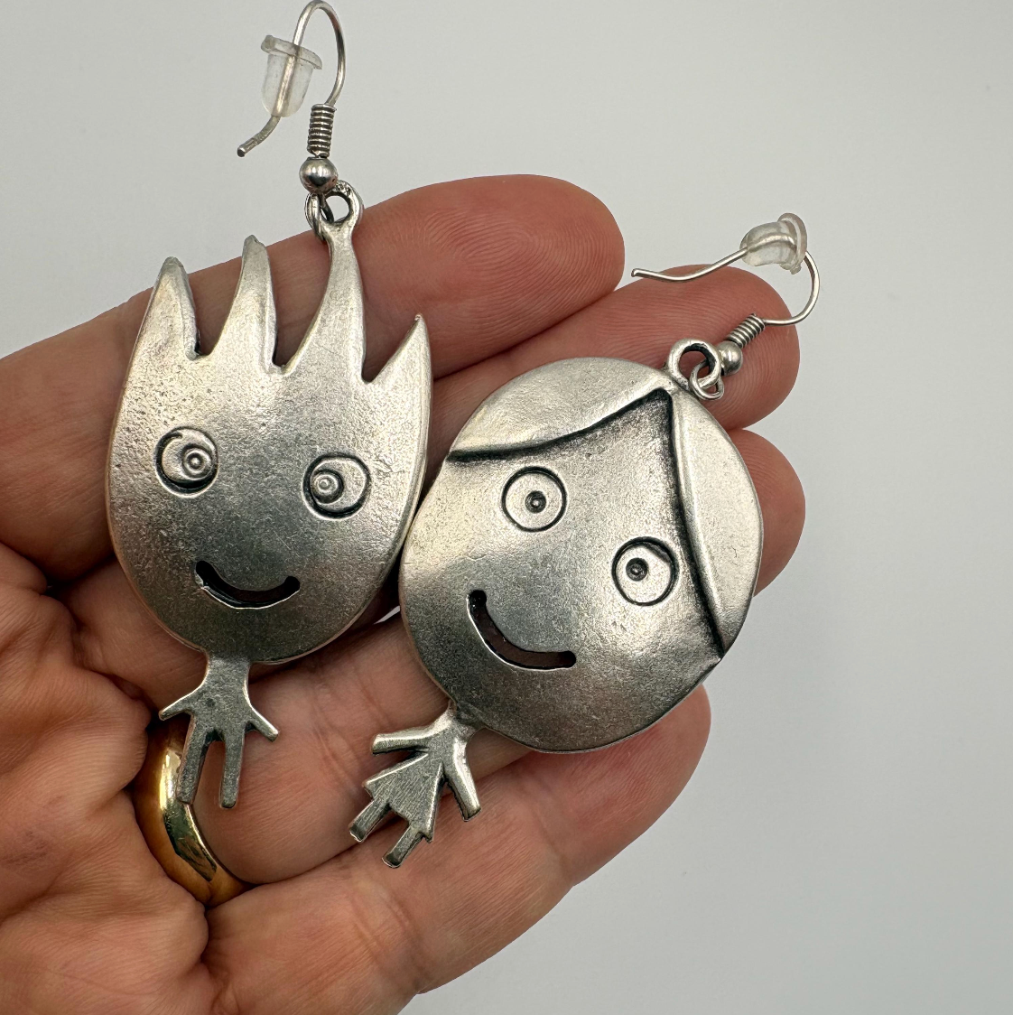 Vintage Silver Tone Smiling Boy and Girl Earrings | Whimsical Dangle Jewelry