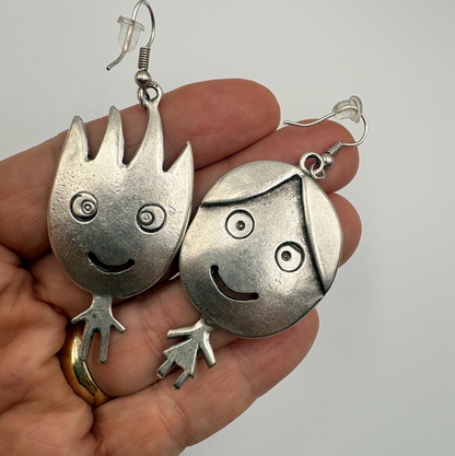 Vintage Silver Tone Smiling Boy and Girl Earrings | Whimsical Dangle Jewelry