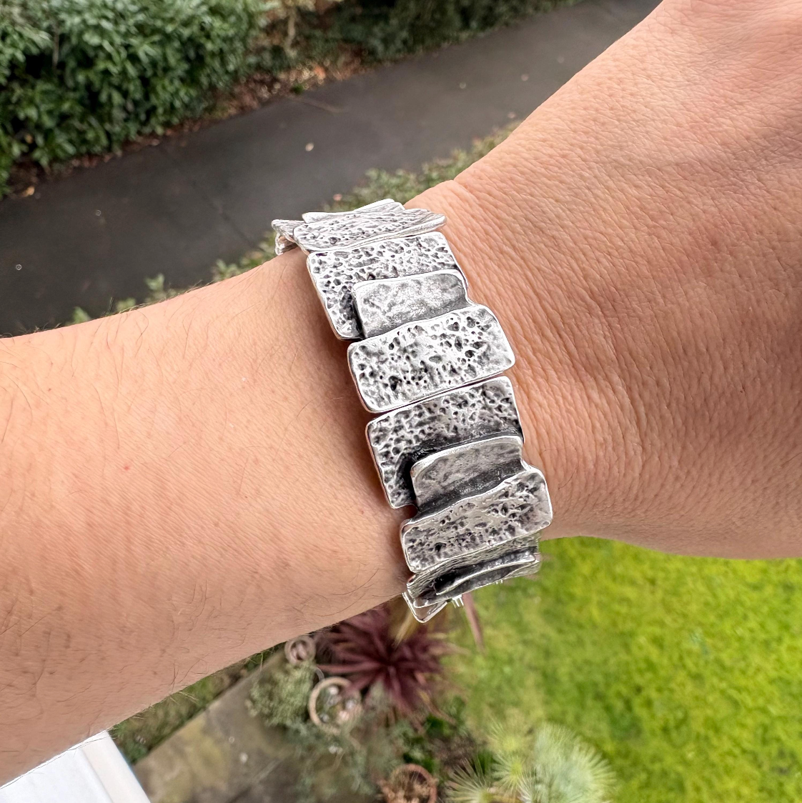 Hammered Silver Plated Stretch Bracelet, Chunky Rustic Link