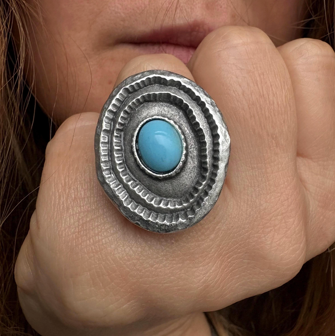 Turquoise Statement Ring, Silver Plated Brass, Adjustable Boho Jewelry