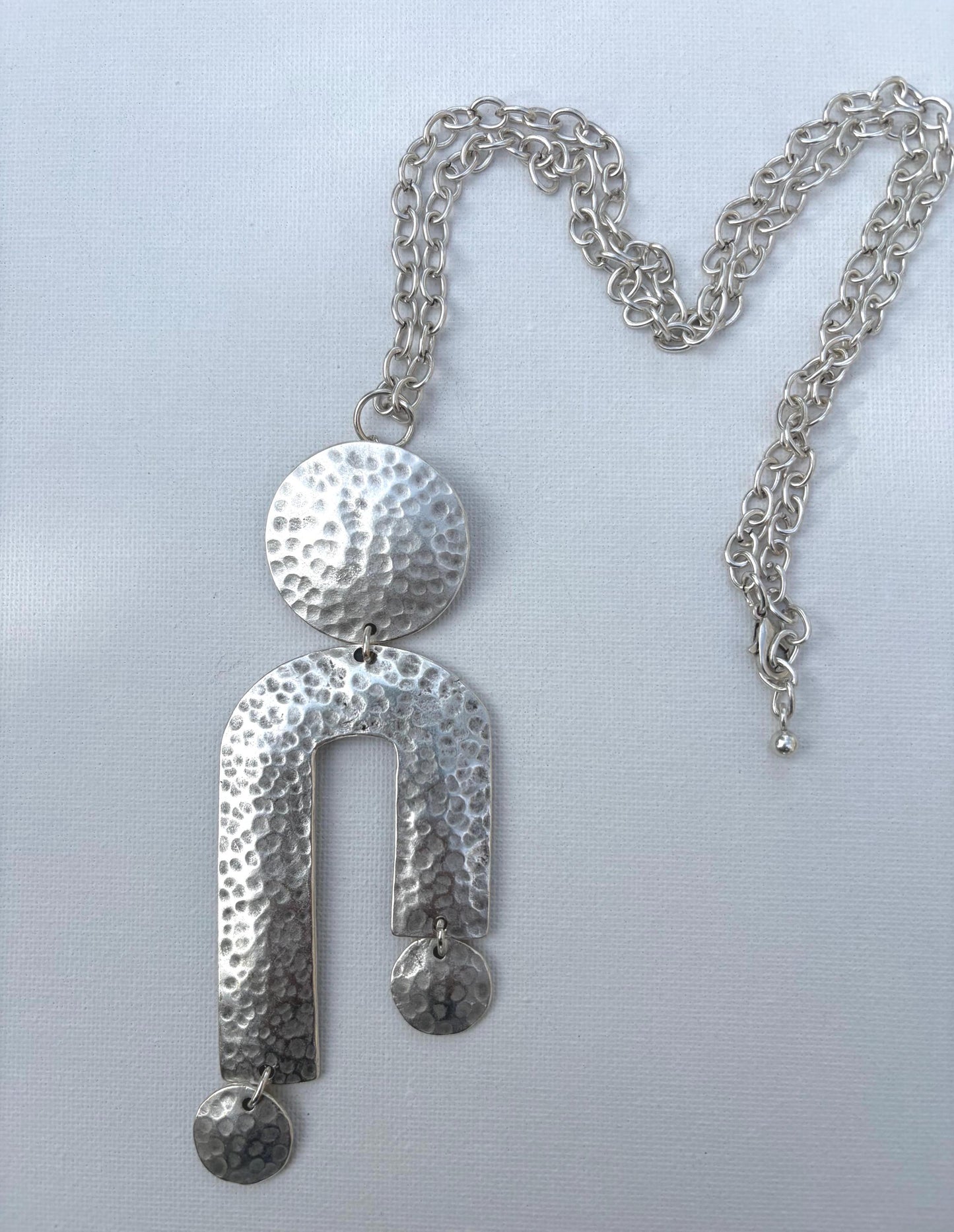 Hammered Silver Geometric Statement Vintage Necklace – Circle and Arch Pendant, Adjustable Chain