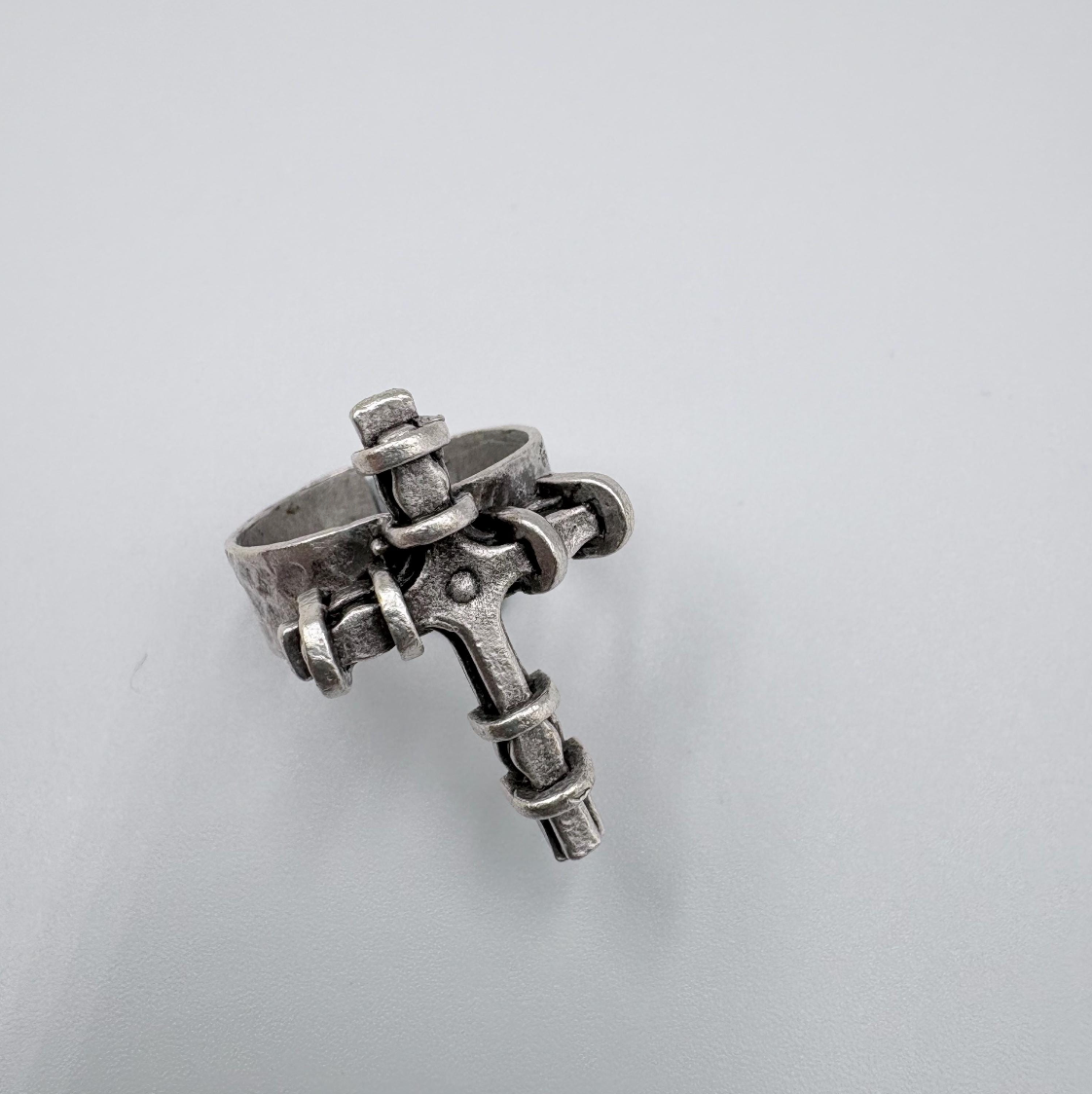 Adjustable Cross Ring, Silver Plated Brass, Gothic Brutalist Style, Unisex Ring
