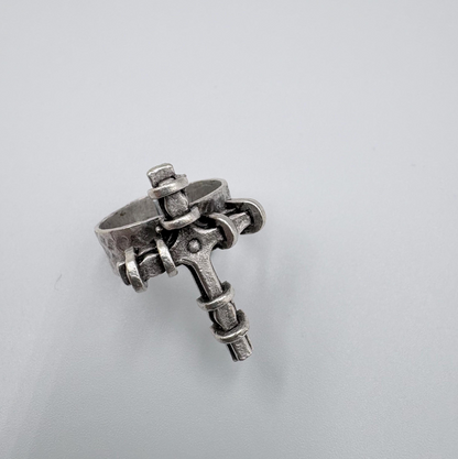 Adjustable Cross Ring, Silver Plated Brass, Gothic Brutalist Style, Unisex Ring