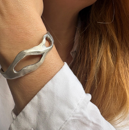 Silver Plated Wave Cuff Bracelet – Sculptural Boho Bangle - Unique Hand-Finished Design