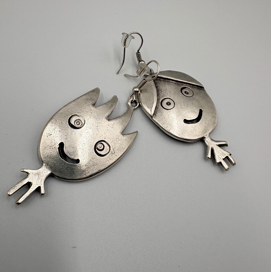Vintage Silver Tone Smiling Boy and Girl Earrings | Whimsical Dangle Jewelry