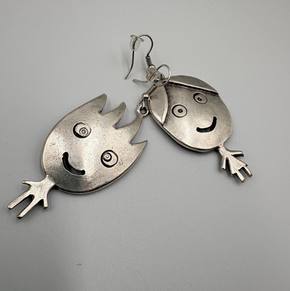 Vintage Silver Tone Smiling Boy and Girl Earrings | Whimsical Dangle Jewelry