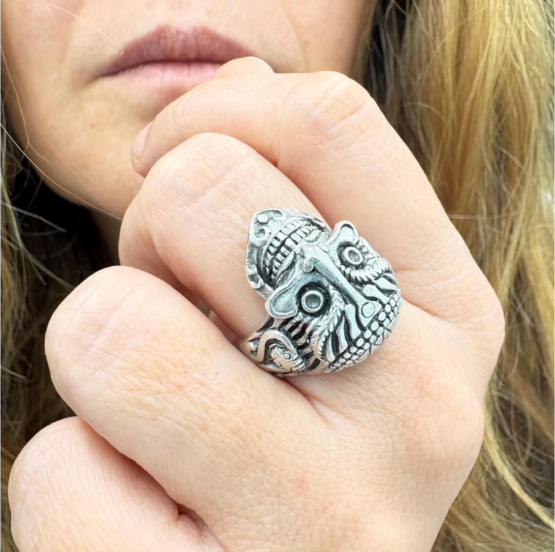 Gothic Mask Ring • Silver Plated Brass, Adjustable Boho Punk Band