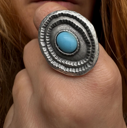 Turquoise Statement Ring, Silver Plated Brass, Adjustable Boho Jewelry