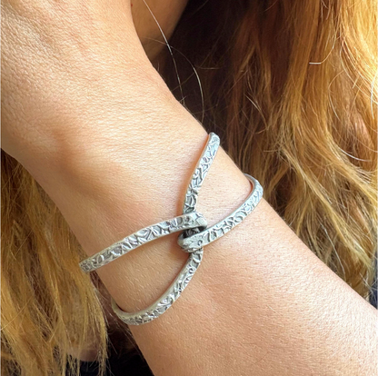 Adjustable Cuff Bangle: Antique Silver Finish, Floral Engraving, Brass