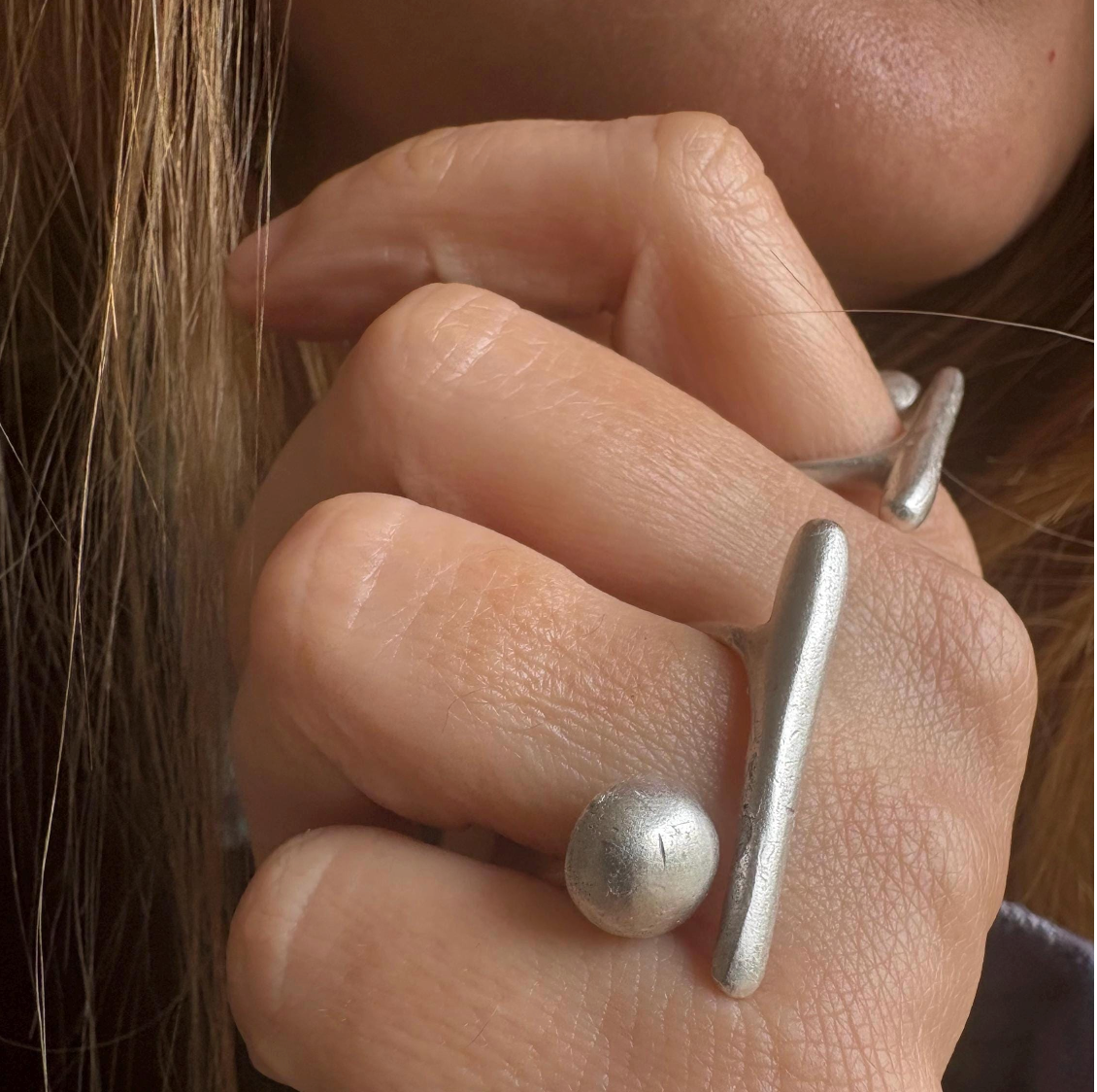 Handmade Brass Ring - Minimalist Geometric Bar and Sphere, Adjustable Size
