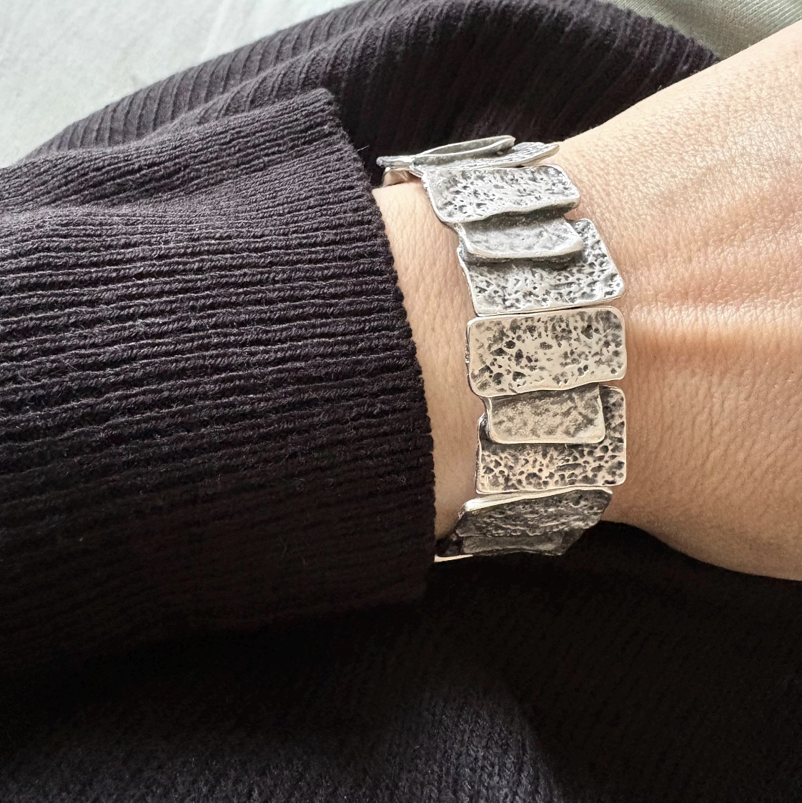 Hammered Silver Plated Stretch Bracelet, Chunky Rustic Link