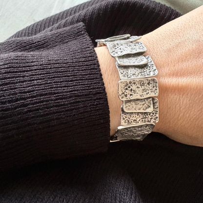 Hammered Silver Plated Stretch Bracelet, Chunky Rustic Link