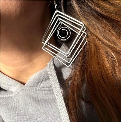 Brutalist Silver Plated Earrings, Geometric Dangle, Architectural Jewelry