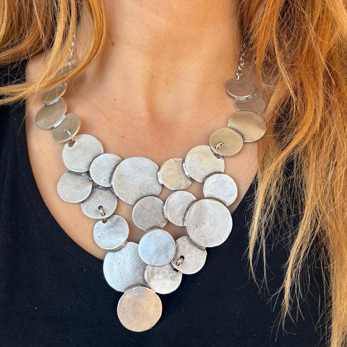 Brutalist Silver Plated Disc Necklace, Hammered Medallion Collar, Boho Bib Jewelry, Gift for Her