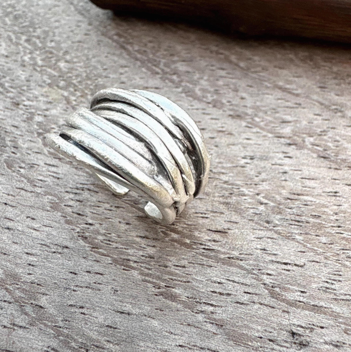 Rustic Silver Finish Brass Wrap Ring – Adjustable Organic Band