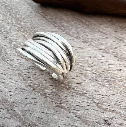 Rustic Silver Finish Brass Wrap Ring – Adjustable Organic Band