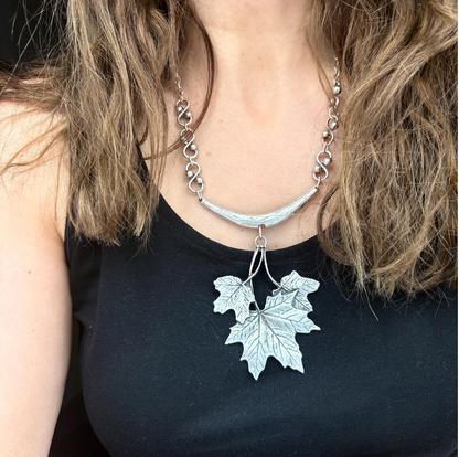 Silver Maple Leaf Necklace, Rustic Boho Pendant, Woodland Jewelry