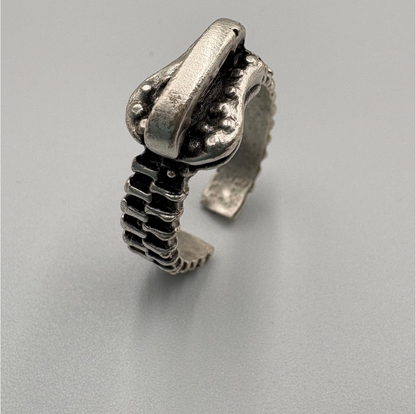 Antique Silver Zipper Ring • Industrial Steampunk Adjustable Band