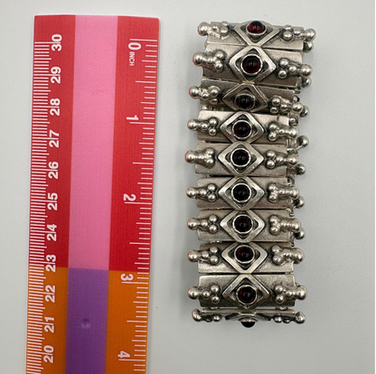 Bohemian Garnet Panel Bracelet, Silver Plated Brutalist Cuff, Gift For Her