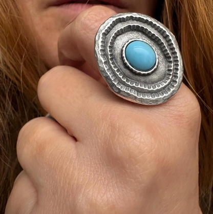 Turquoise Statement Ring, Silver Plated Brass, Adjustable Boho Jewelry
