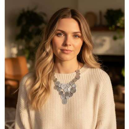 Brutalist Silver Plated Disc Necklace, Hammered Medallion Collar, Boho Bib Jewelry, Gift for Her