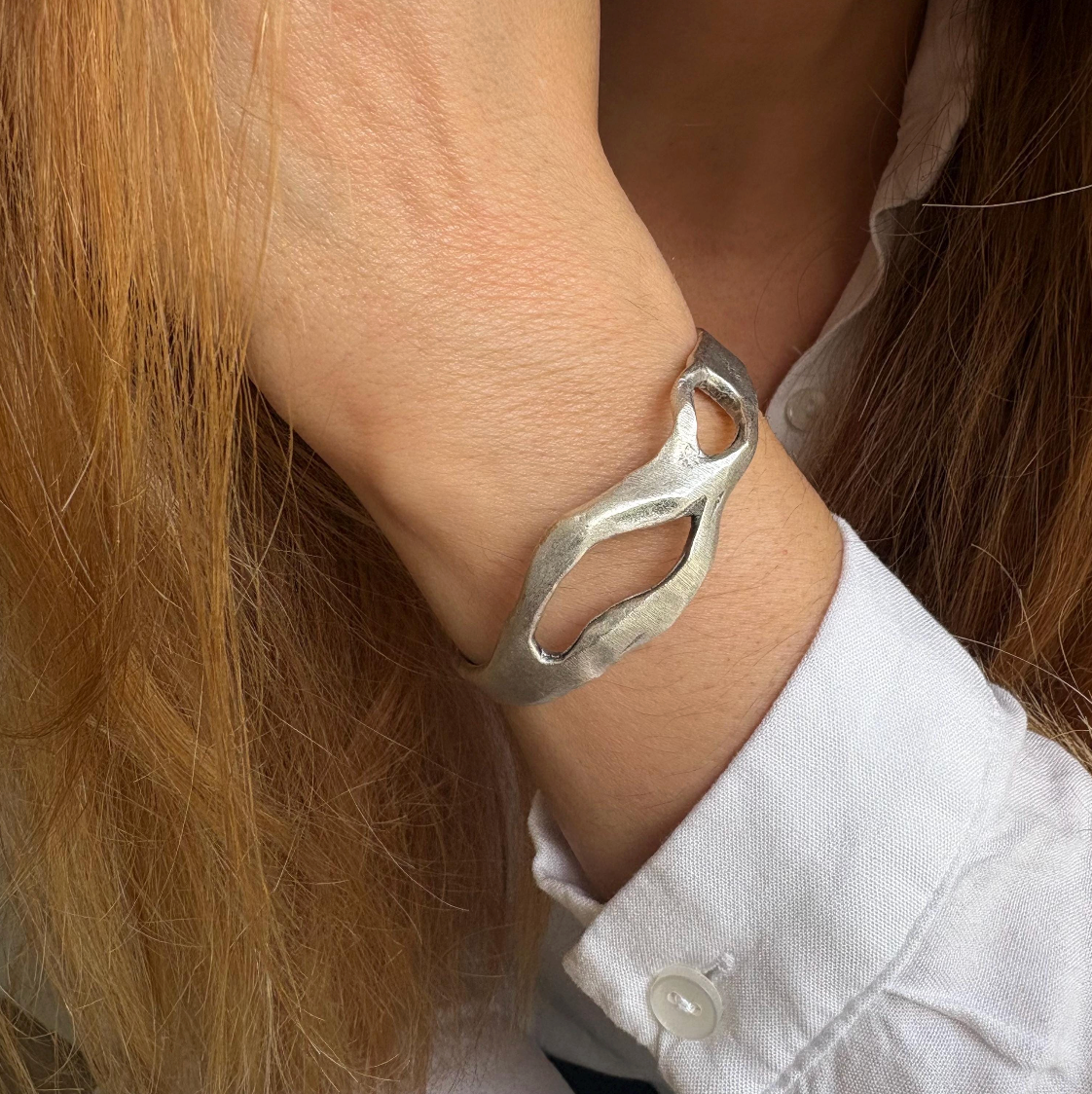 Silver Plated Wave Cuff Bracelet – Sculptural Boho Bangle - Unique Hand-Finished Design