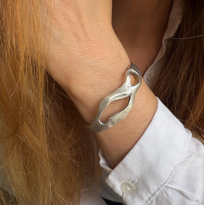 Silver Plated Wave Cuff Bracelet – Sculptural Boho Bangle - Unique Hand-Finished Design