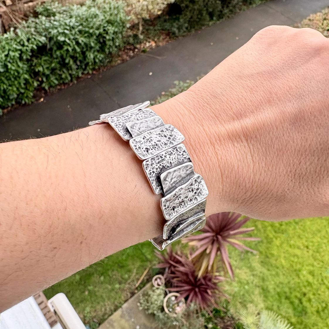 Hammered Silver Plated Stretch Bracelet, Chunky Rustic Link