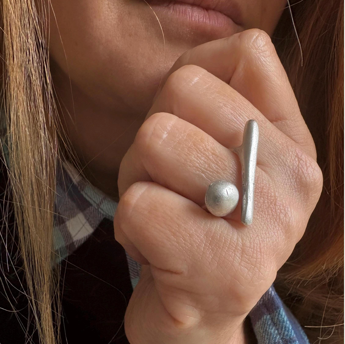 Handmade Brass Ring - Minimalist Geometric Bar and Sphere, Adjustable Size