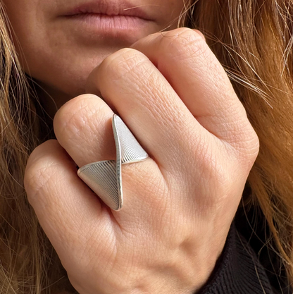 Silver Plated Brass Crossover Ring • Ribbed Geometric Adjustable Band